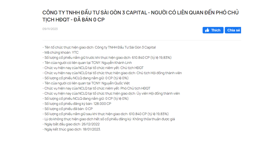 Công ty TNHH Đầu Tư Sài Gòn 3 Capital - người có liên quan đến Phó Chủ tịch HĐQT - đã bán 0 CP