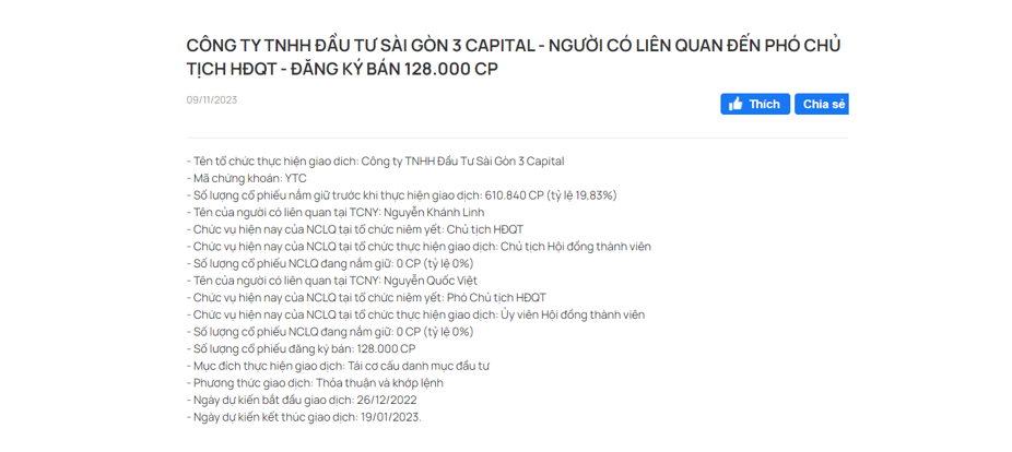 Công ty TNHH Đầu Tư Sài Gòn 3 Capital - người có liên quan đến Phó Chủ tịch HĐQT - đăng ký bán 128.000 CP