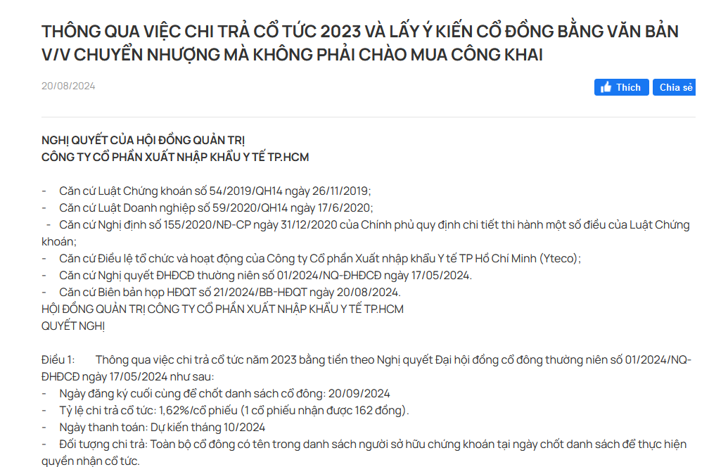 Thông qua việc chi trả Cổ tức 2023 và lấy ý kiến Cổ đông bằng văn bản v/v chuyển nhượng mà không phải chào mua công khai