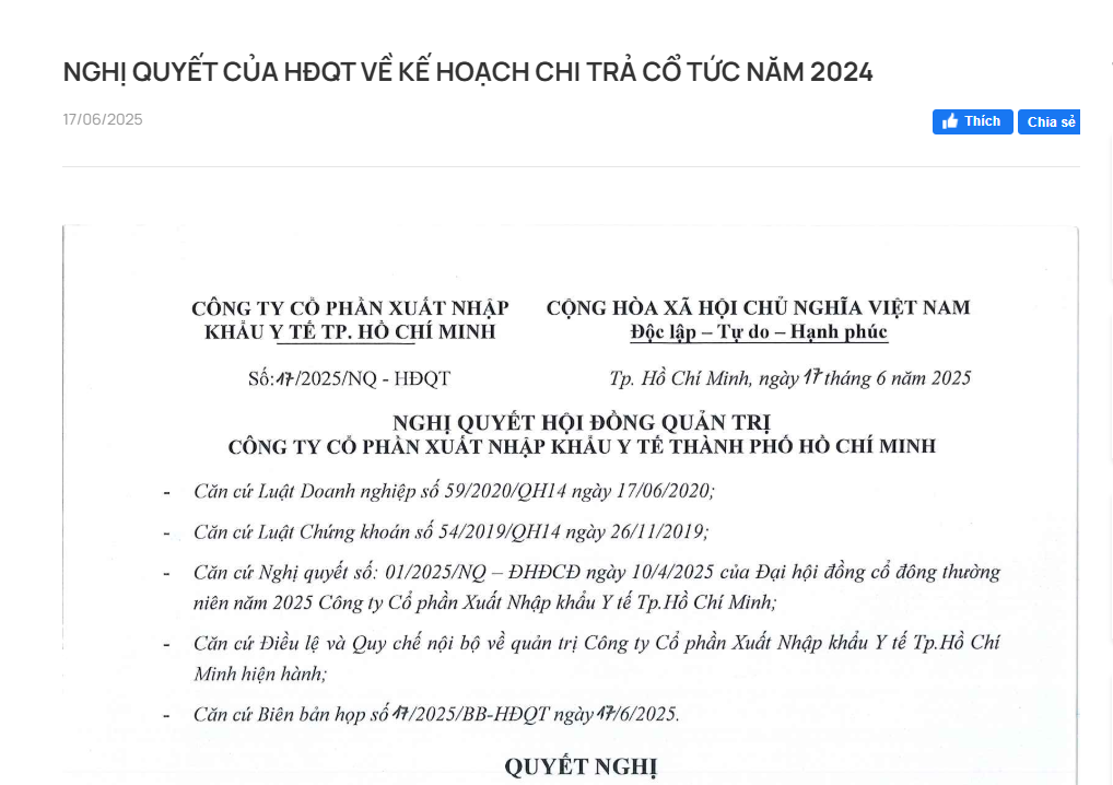 Nghị quyết của HĐQT về kế hoạch chi trả cổ tức năm 2024