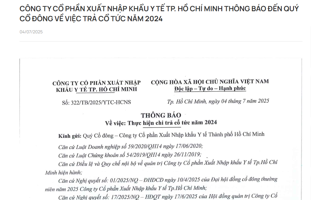 Công ty Cổ phần Xuất Nhập khẩu Y tế Tp. Hồ Chí Minh thông báo đến Quý cổ đông về việc trả cổ tức năm 2024