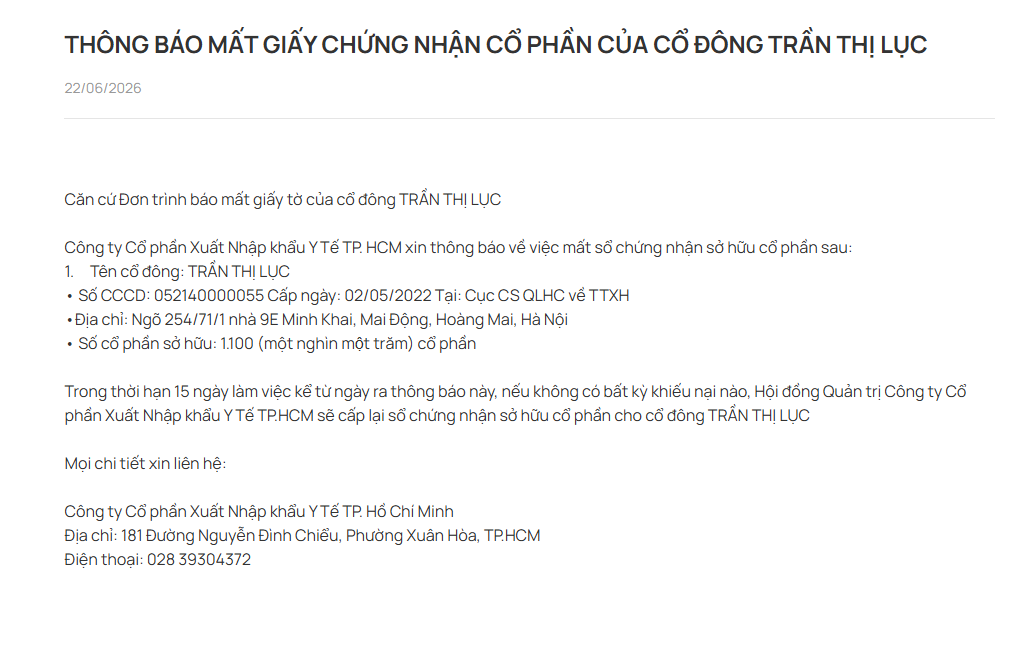 Thông báo mất giấy chứng nhận cổ phần của cổ đông Trần Thị Lục
